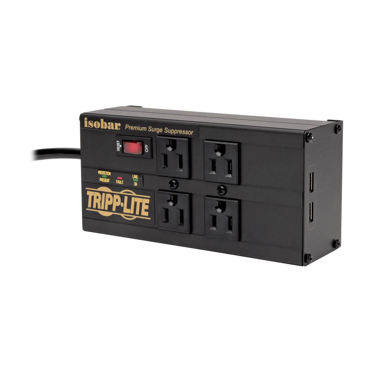 Tripp Lite Isobar 4-Outlet Surge Protector - 8 Ft. Cord, Right-Angle Plug, 3330 Joules, 2 Usb Ports, Metal Housing