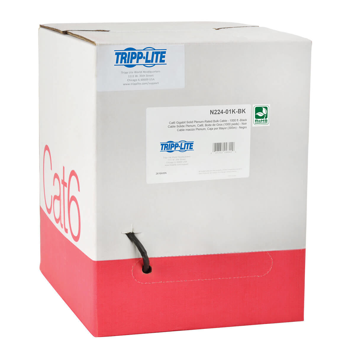 Tripp Lite N224-01K-Bk Cat6 Gigabit Solid Core Plenum-Rated Utp Cmp Pvc Bulk Ethernet Cable, Black, 1000 Ft. (304.8 M)