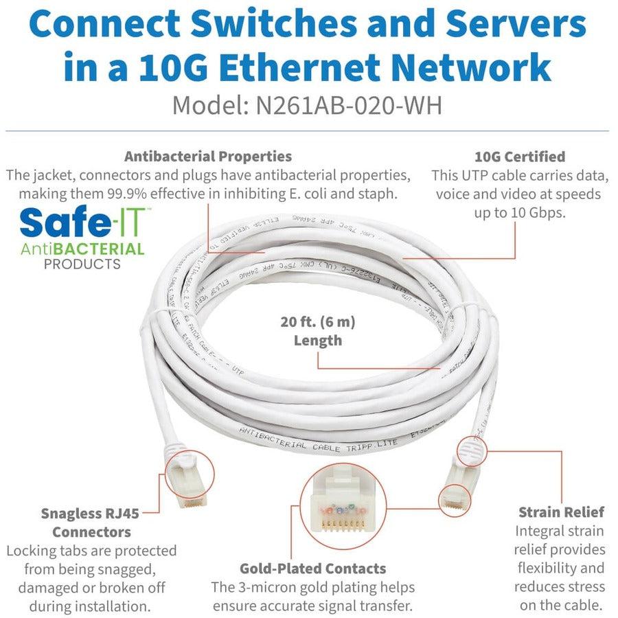 Tripp Lite N261Ab-020-Wh Safe-It Cat6A 10G Certified Snagless Antibacterial Utp Ethernet Cable (Rj45 M/M), White, 20-Ft. (6.09 M)