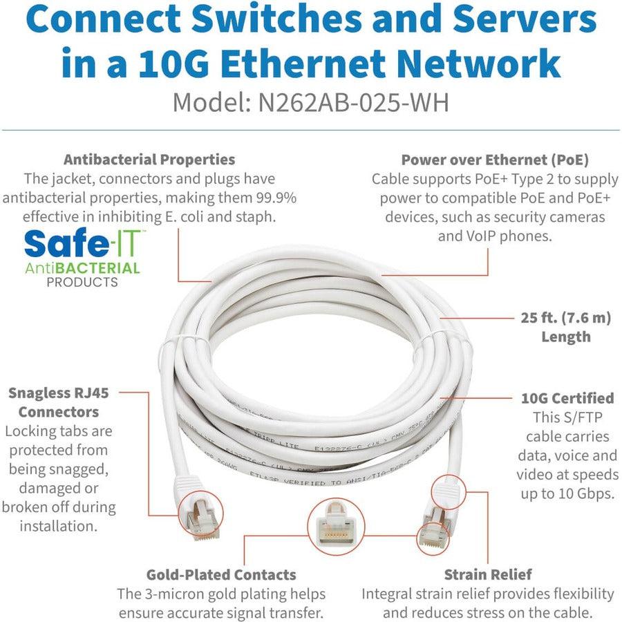 Tripp Lite N262Ab-025-Wh Safe-It Cat6A 10G Certified Snagless Antibacterial S/Ftp Ethernet Cable (Rj45 M/M), Poe, White, 25-Ft. (7.62 M)