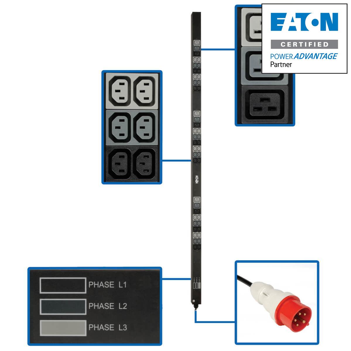 Tripp Lite Pdu3Xv6G20 11.5Kw 3-Phase Basic Pdu - 45 208-240V Outlets (36 C13, 9 C19), Iec 309 16/20A Red 360-415V Input, 6 Ft. Cord, 70 In. 0U, Taa