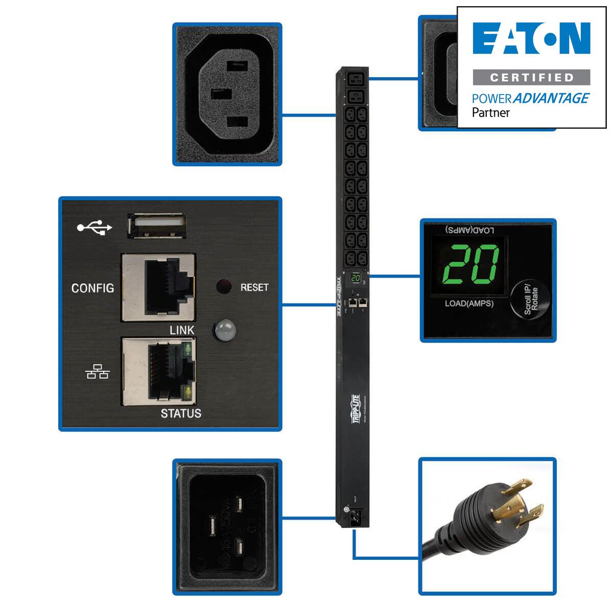 Tripp Lite Pdumnv20Hv2Lx 3.7Kw Single-Phase 208/230V Monitored Pdu - Lx Platform, 18 C13, 2 C19 Outlets, C20 / L6-20P Inputs, 0U 900Mm Height, Taa