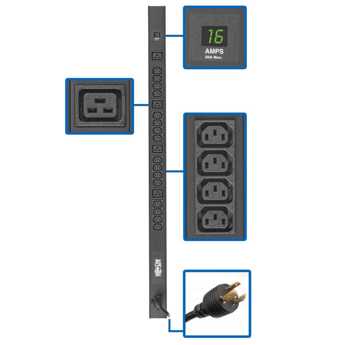 Tripp Lite Pdumv20Hv-36 3.7Kw 208/230V Single-Phase Local Metered Pdu - 16 C13 & 4 C19 Outlets, C20/L6-20P Input, 10-Ft. (3.05 M) Cord, 40 In. 0U Rack