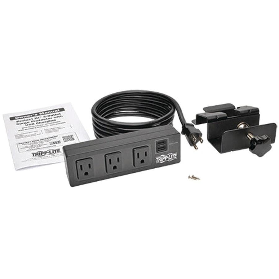 Tripp Lite Protect It! 3-Outlet Surge Protector With Desk Clamp, 10 Ft. Cord, 510 Joules, 2 Usb Charging Ports, Black Housing