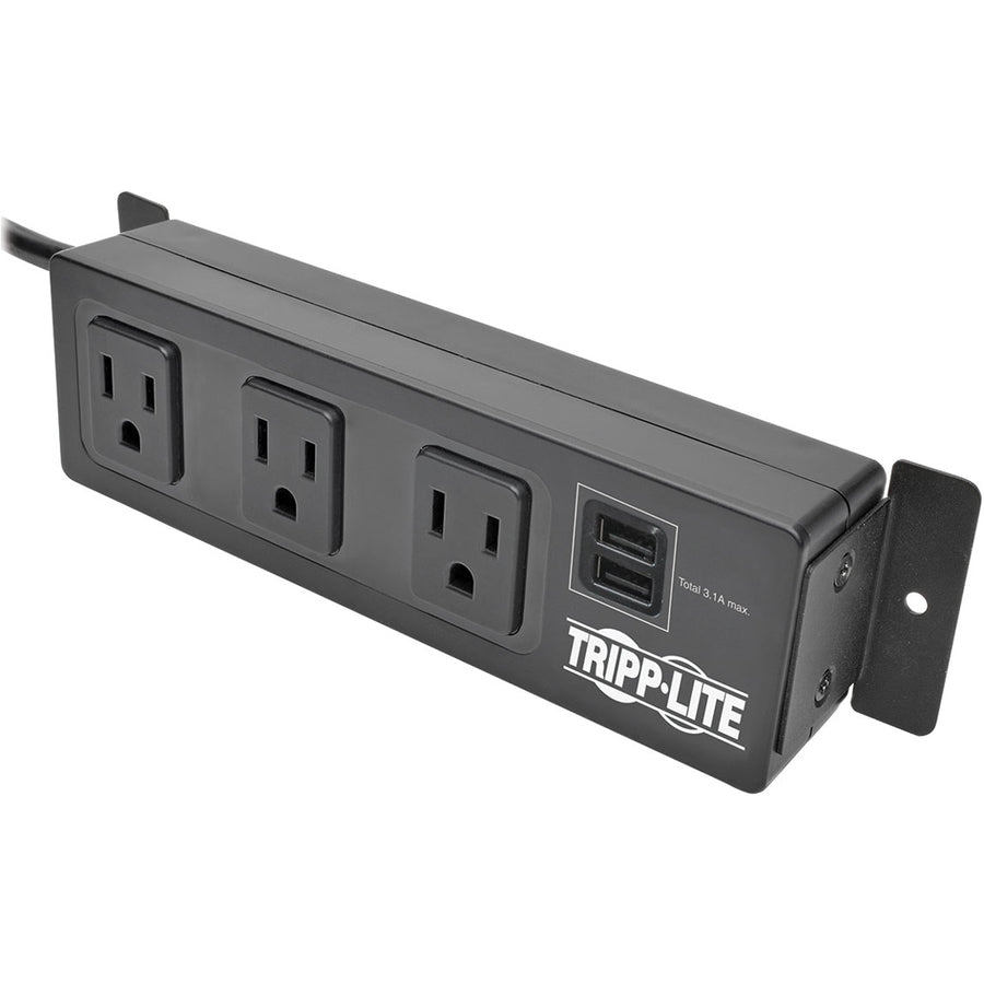 Tripp Lite Protect It! 3-Outlet Surge Protector With Mounting Brackets, 10 Ft. Cord, 510 Joules, 2 Usb Charging Ports, Black Housing