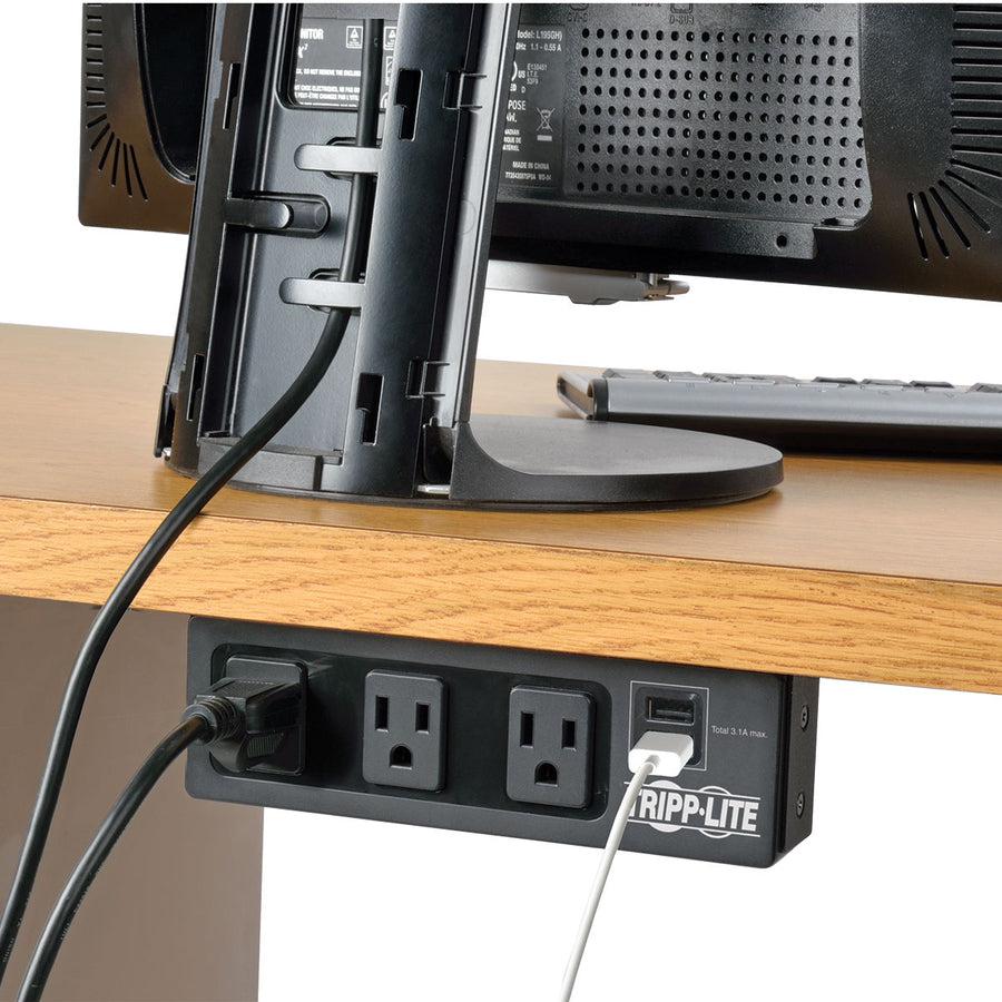 Tripp Lite Protect It! 3-Outlet Surge Protector With Mounting Brackets, 10 Ft. Cord, 510 Joules, 2 Usb Charging Ports, Black Housing