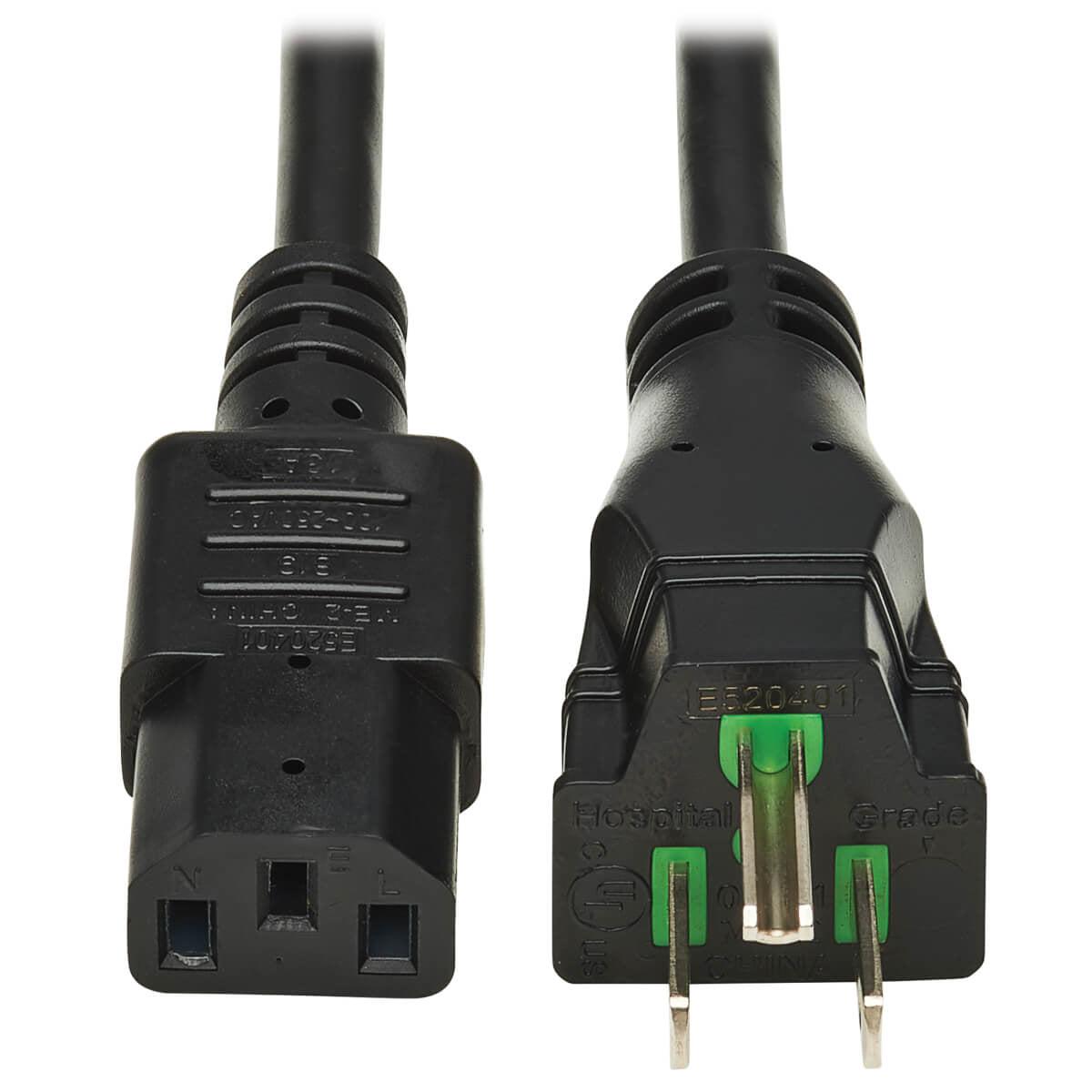Tripp Lite Safe-It Antibacterial Hospital-Grade Power Cord, 5-15P To C13 - Green Dot, 13A, 125V, 16 Awg, Black, 6 Ft. (1.8 M)