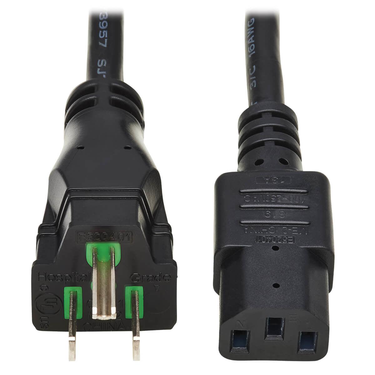 Tripp Lite Safe-It Antibacterial Hospital-Grade Power Cord, 5-15P To C13 - Green Dot, 13A, 125V, 16 Awg, Black, 8 Ft. Coiled Cord (2.4 M)