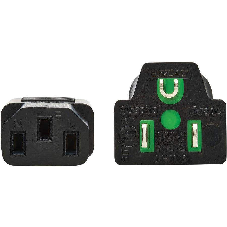 Tripp Lite Safe-It Antibacterial Hospital-Grade Power Cord, 5-15P To C13 - Green Dot, 13A, 125V, 16 Awg, Black, 15 Ft. (4.6 M)