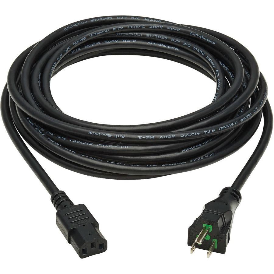 Tripp Lite Safe-It Antibacterial Hospital-Grade Power Cord, 5-15P To C13 - Green Dot, 13A, 125V, 16 Awg, Black, 15 Ft. (4.6 M)