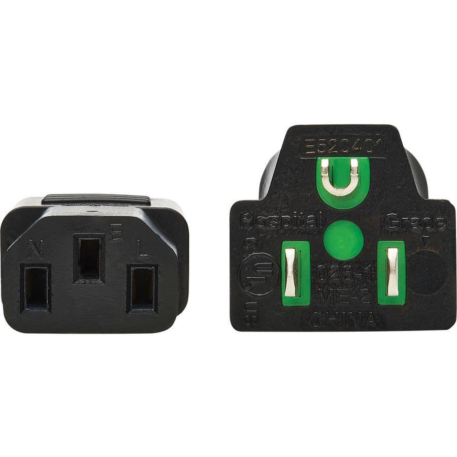 Tripp Lite Safe-It Antibacterial Hospital-Grade Power Cord, 5-15P To C13 - Green Dot, 13A, 125V, 16 Awg, Black, 6 Ft. (1.8 M)