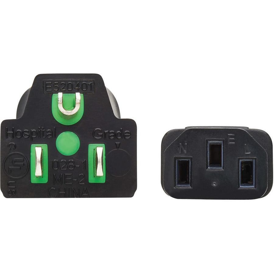 Tripp Lite Safe-It Antibacterial Hospital-Grade Power Cord, 5-15P To C13 - Green Dot, 13A, 125V, 16 Awg, Black, 8 Ft. Coiled Cord (2.4 M)