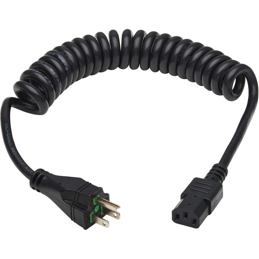Tripp Lite Safe-It Antibacterial Hospital-Grade Power Cord, 5-15P To C13 - Green Dot, 13A, 125V, 16 Awg, Black, 8 Ft. Coiled Cord (2.4 M)
