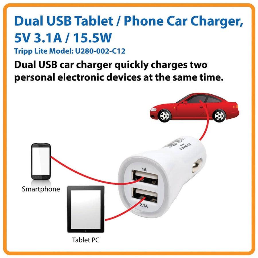 Tripp Lite U280-002-C12 Dual-Port Usb Tablet / Phone Car Charger, 5V 3.1A / 15.5W