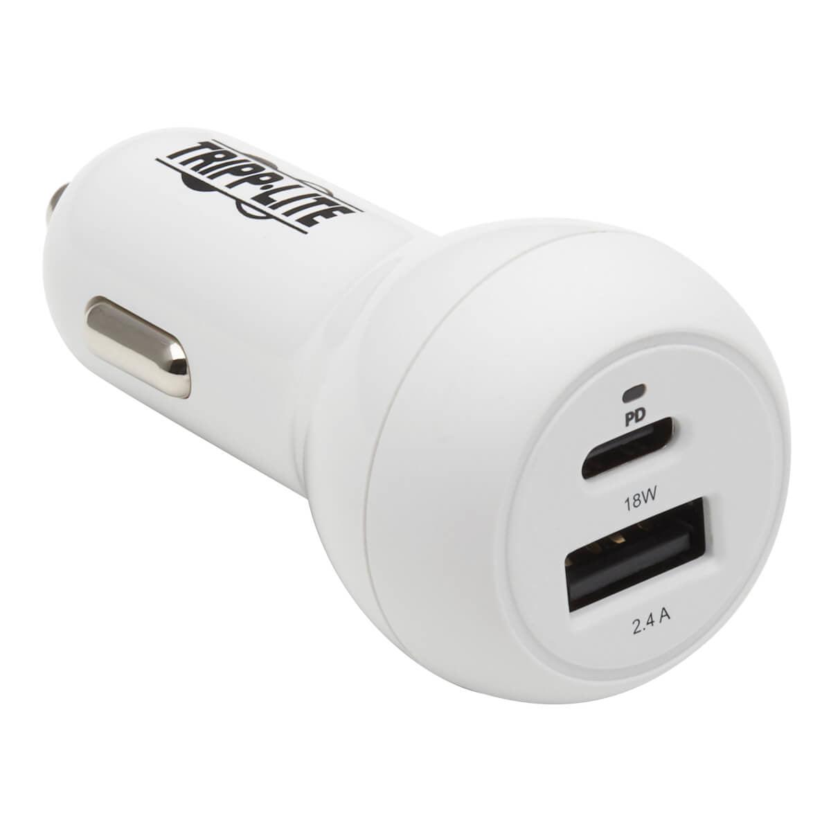 Tripp Lite U280-C02-30W-K Dual-Port Usb Car Charger - 30W Pd Charging, Usb-C (18W) &amp; Usb-A (12W), Usb-C To Lightning Cable, White