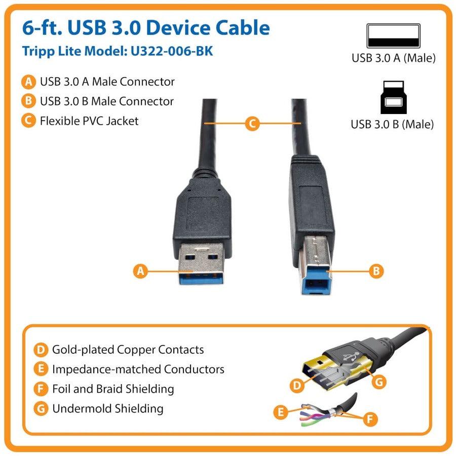 Tripp Lite U322-006-Bk Usb 3.0 Superspeed Device Cable (Ab M/M) Black, 6 Ft. (1.83 M)