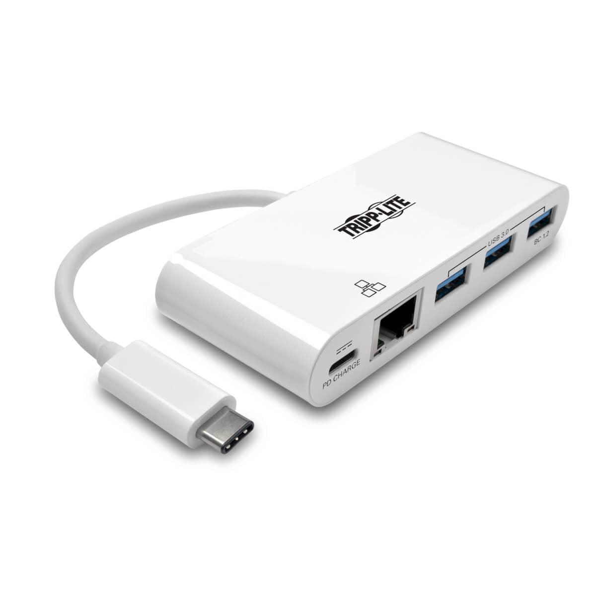 Tripp Lite U460-003-3Ag-C 3-Port Usb-C Hub With Lan Port And Power Delivery, Usb-C To 3X Usb-A Ports And Gbe, Usb 3.0, White