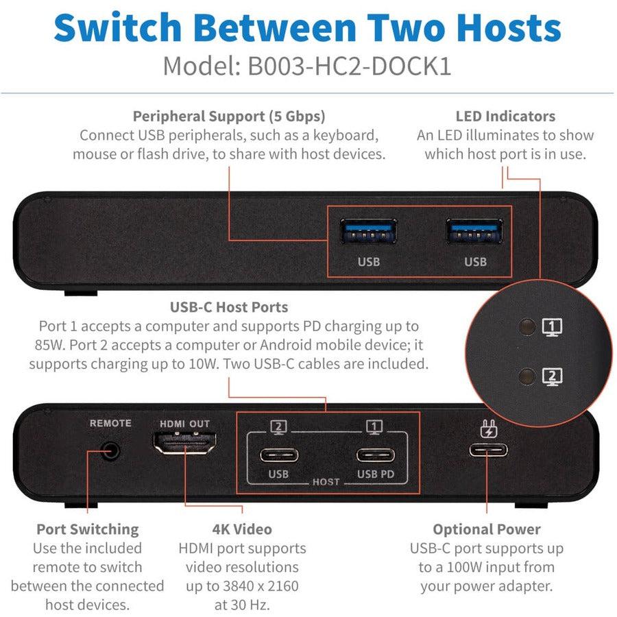USB-C KVM Switch 2-Port 4K HDMI - Docking Station with 85W PD Charging | Tripp Lite B003-HC2-DOCK1
