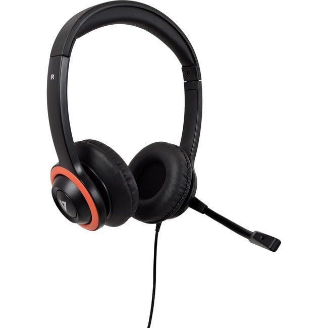 V7 Safe sound Education K-12 Headset with Microphone, volume limited, antimicrobial, 2m cable, 3.5mm, Laptop Computer, Chromebook, PC - Black, Red HA530E
