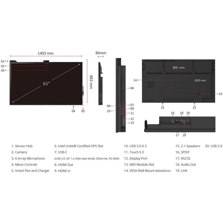 Viewsonic Ifp6570 Interactive Whiteboard 165.1 Cm (65") 3840 X 2160 Pixels Touchscreen Black Hdmi